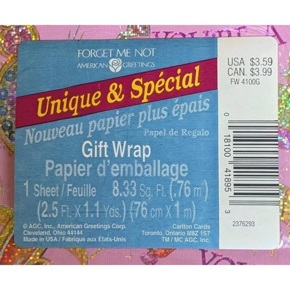 2 NOS American Greetings Gift Wrapping Paper Prismatic You're A Gem Glitter Vtg